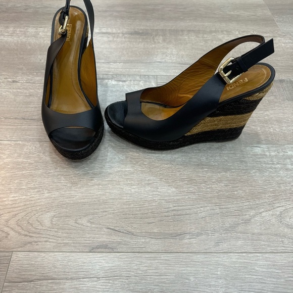 Authentic Fendi Leather Pequin Slingback Espadrille Wedges Size 39 - Picture 2 of 10